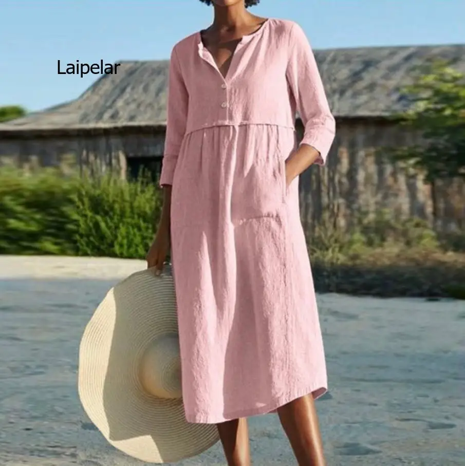 Vestido de lino 2021 algodón con cuello redondo para mujer, Vestido de retazos con bolsillo hasta la rodilla, cintura suelta de tres cuartos, Vestido de fibra natural 5XL