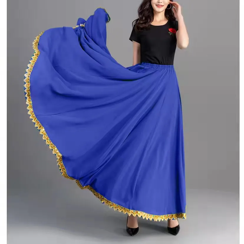 ขอบลูกไม้ Retro ชาติพันธุ์ Xinjiang Dancewear 720 องศาขนาดใหญ่ Swing เอวสูงกระโปรงเต้นรํา Flamenco STAGE Performance กระโปรง