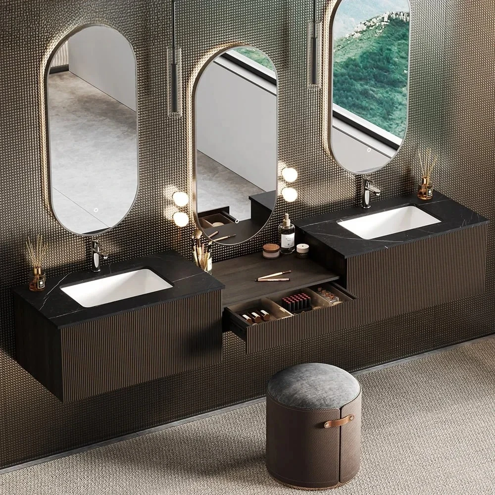 

PA Hotel Smart Mdf Toilet Cabinet Waterproof Double Sink Bathroom Vanity With Led Mirror