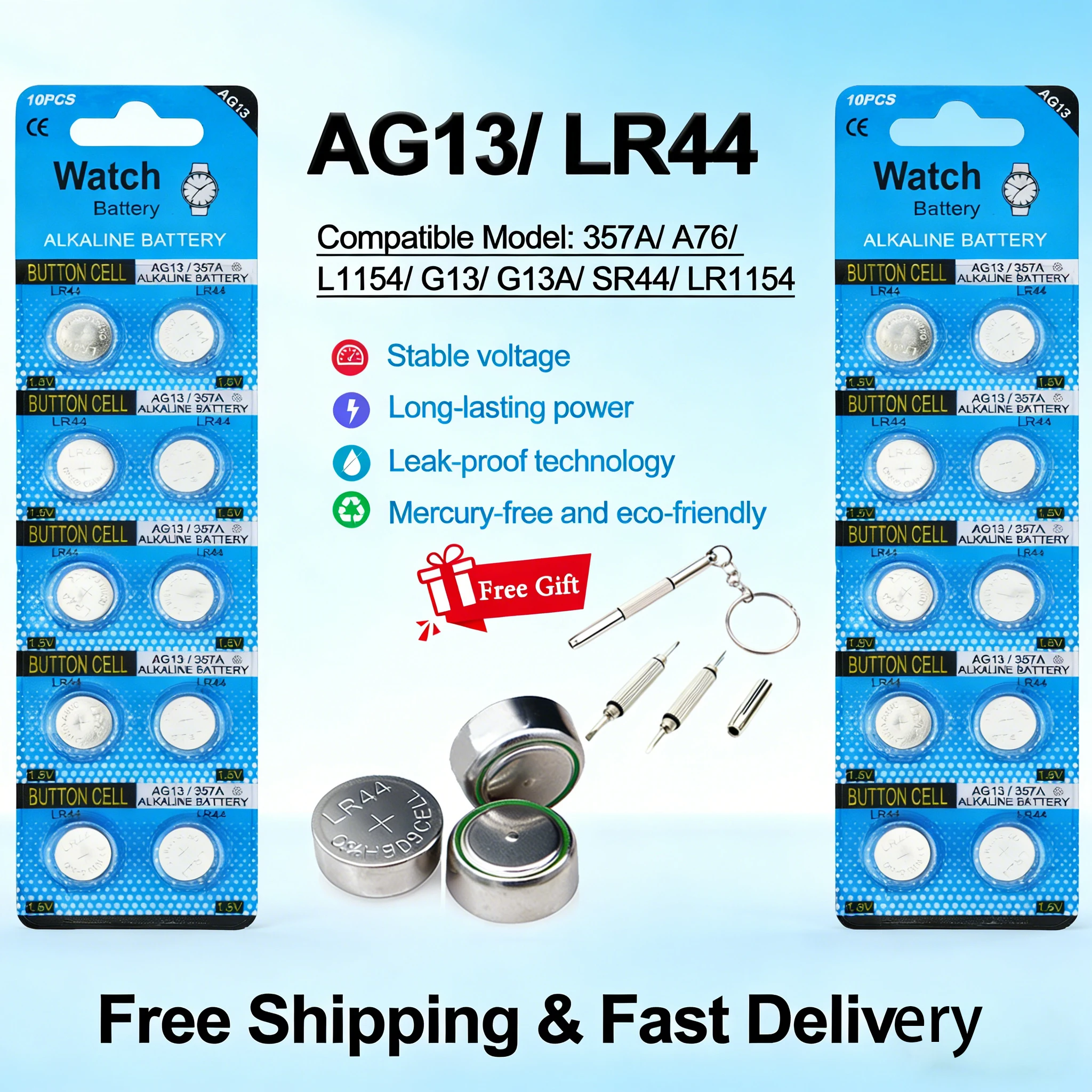 

10-100 шт. Премиум-батарейки AG13 LR44 1.5V, типоразмер A76 L1154 357A, долговечные щелочные кнопочные батарейки для электроники