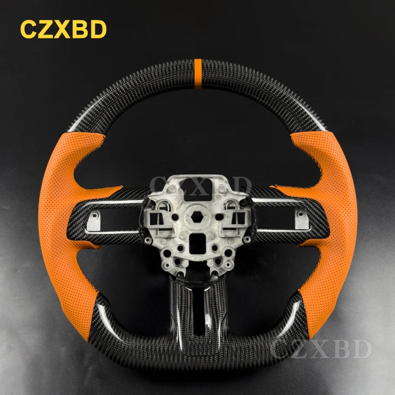

Orange Marker For Ford Mustang 2018-2023 Glossy Black Real Carbon Fiber Steering Wheel High Quality Leather Customized