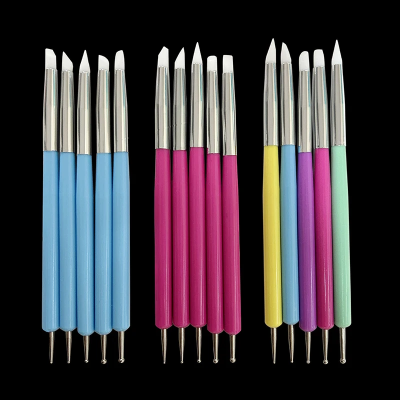 5pcs Silicone Nail Art Dotting Pen Rhinestone Aplicator Dual Heads Plastic Handle Manicure Emboss Carving Polish Sculpture Tool