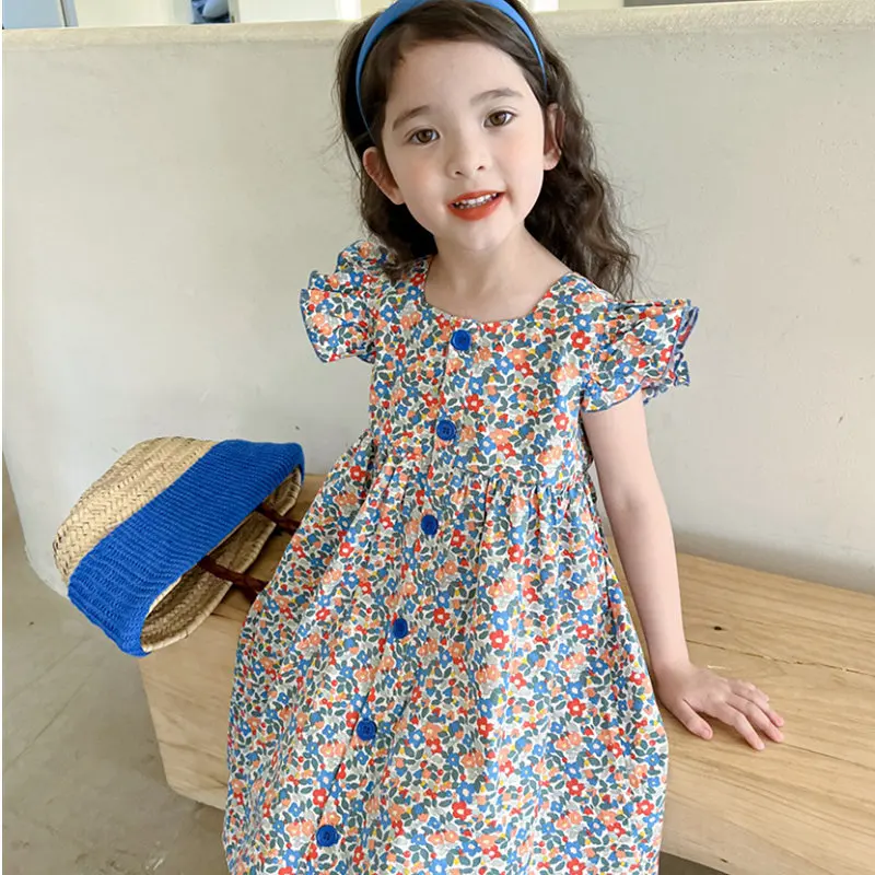 Girls Skirt 2025 Summer New Childrens Clothing Korean Style Girl Baby Single Breathe Broken Flower Fly Sleeve Dress Casual