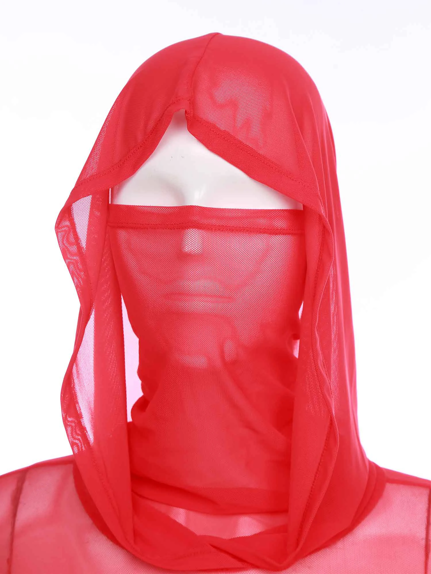 Gaun Maxi Wanita Berbahan Sheer dengan Hoodie, Belahan Tinggi, Masker Wajah, Lengan Panjang, Detail Mesh Berlubang, Cocok untuk Liburan Bulan Madu, Pantai, dan Klub