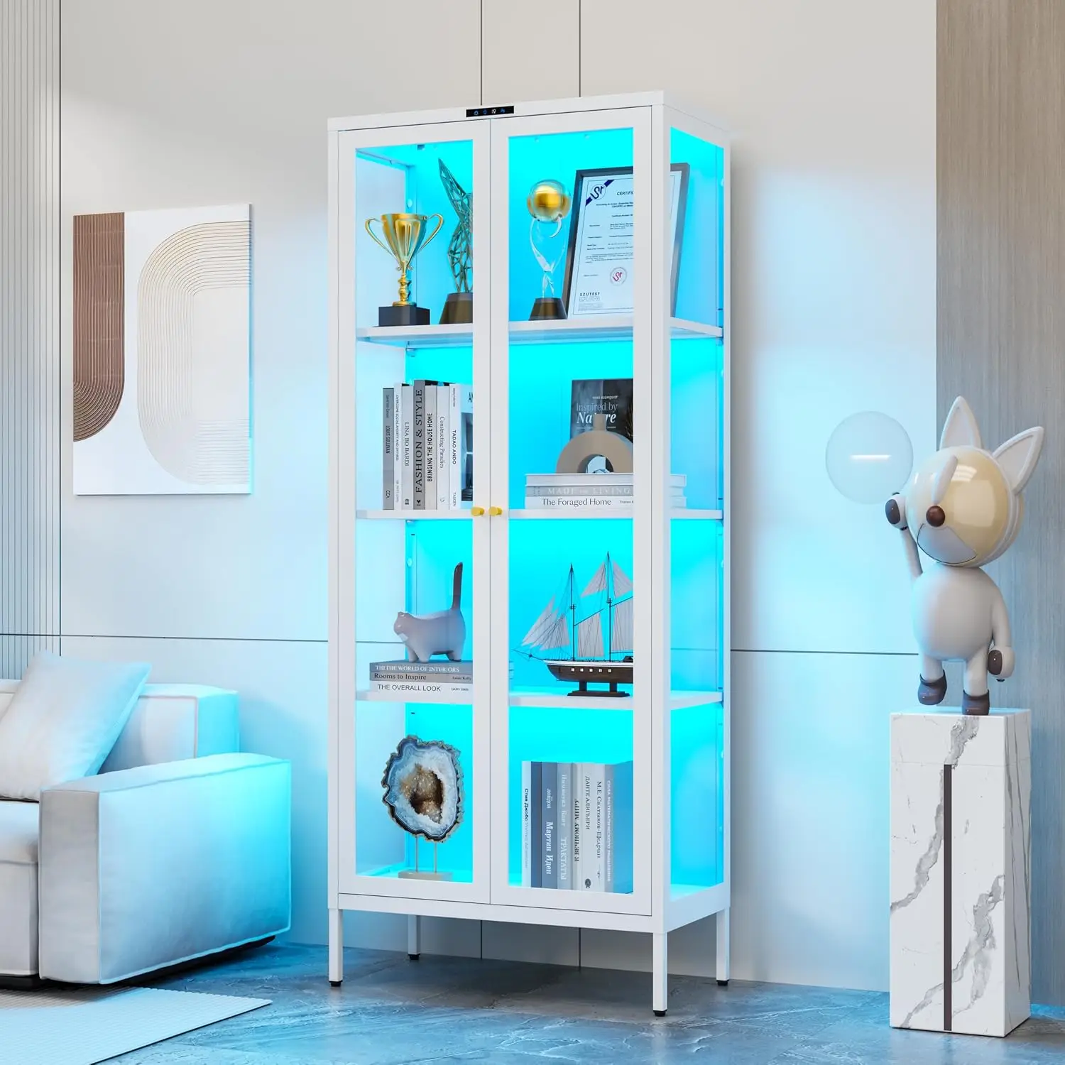 White Glass Display Cabinet 8-Color LED Light Collectibles Storage 66