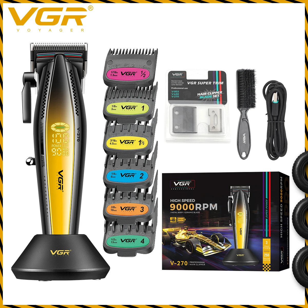 VGR Hair Clippers Professional Hair Trimmer 9000 RPM Hair Cutting Machine Adjustable Barber Clippers Metal Trimmer for Men V-270