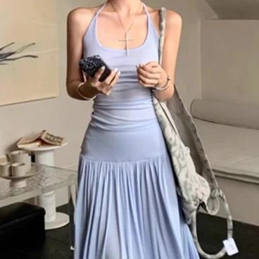 

Lazy Style Women Outfit Pure Color Long Skirt with Hollowed Sleeveless Top for Spring Vacation