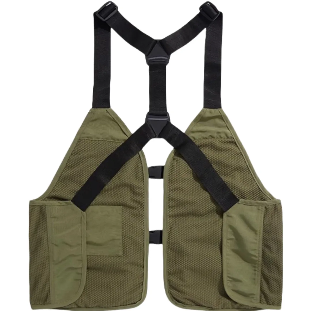 Men's Niche Cargo Webbing Buckle Vest Multi Pocket Collarless Tactical Functional Style Dark Fashion Sleeveless Gilet