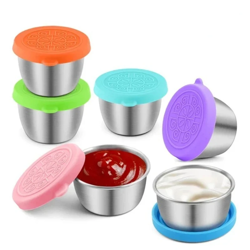 6PC/Set 304 Stainless Steel Dipping Sauce Cups Food Containers Reusable Salad Dressing Container Silicone Stretch Lids Leakproof