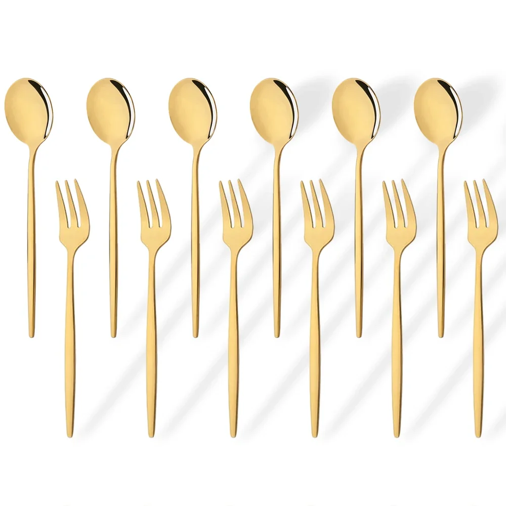 12Pcs Stainless Steel Mirror Gold Fork Spoon Set Cake Fork Snack Salad Coffee Fruit Fork Spoon Cutlery Kitchen Dinnerware Set