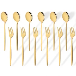 12Pcs Stainless Steel Mirror Gold Fork Spoon Set Cake Fork Snack Salad Coffee Fruit Fork Spoon Cutlery Kitchen Dinnerware Set