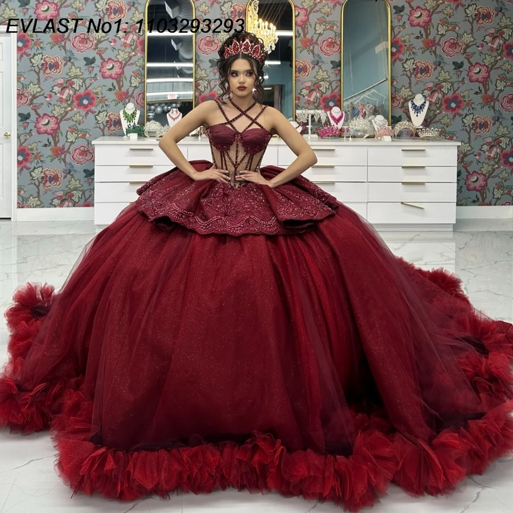Evlast personalizado borgonha quinceanera vestido de baile brilhante renda applique miçangas em camadas doce 16 vestidos de 15 anos e1qn574