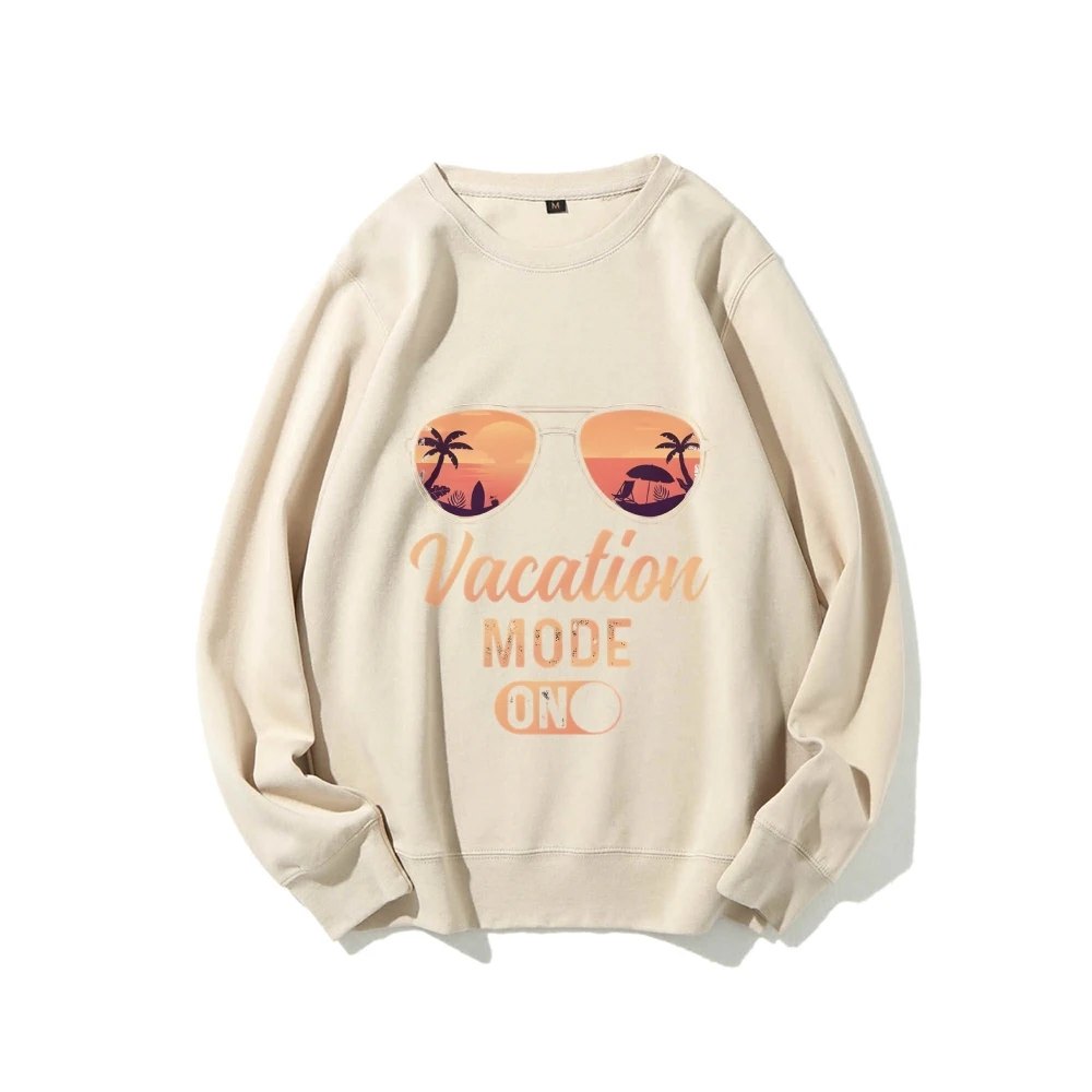 

Graphic Sweatshirt Vacation Mode Sunglasses Y2k Print Sweatshirt Relaxing Travel Themed Soft Fabric for Getaway Casual Looks