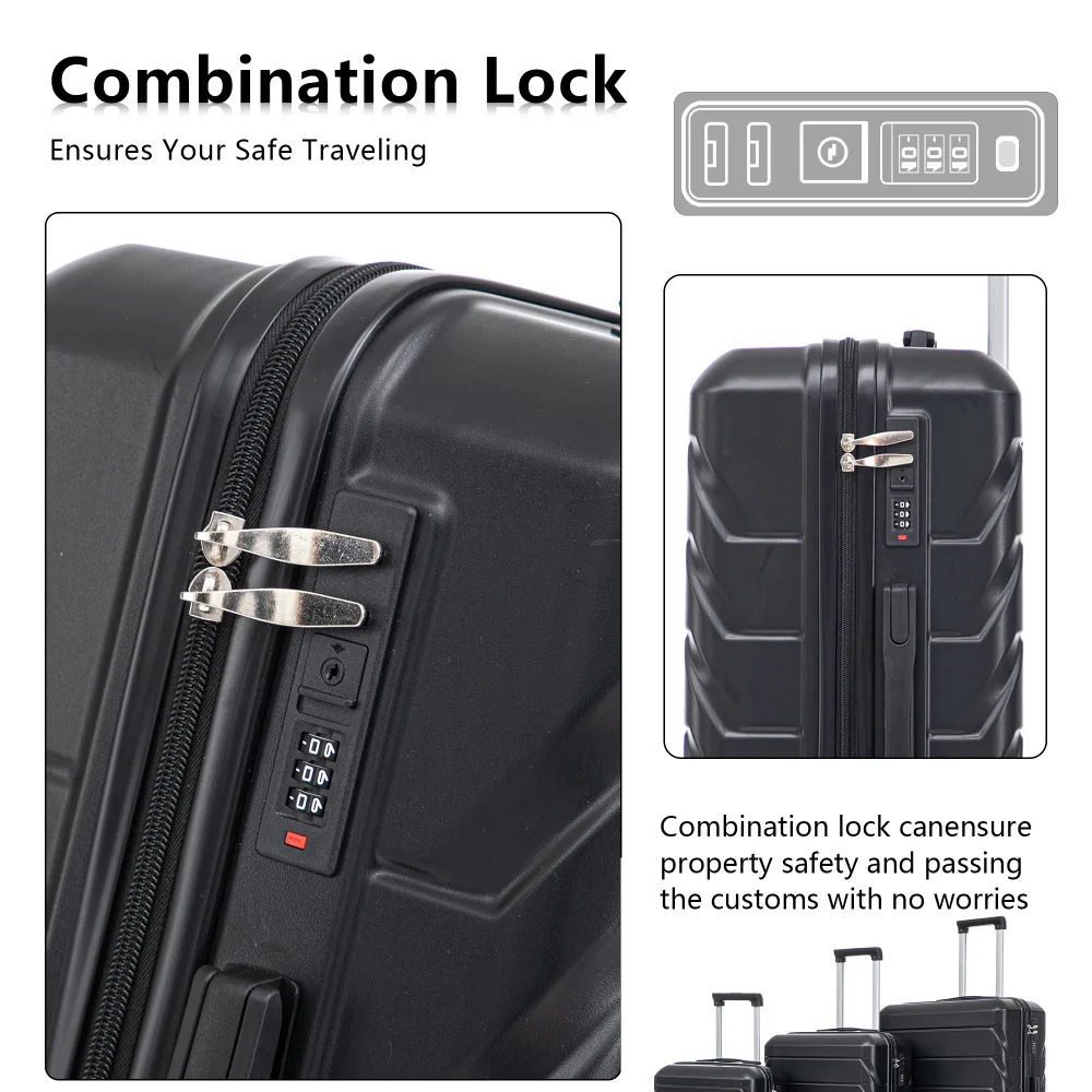 20"/24"/28" 3 Pcs/set in ABS Spinner Wheel Luggage Matching Color with Combination Lock (Black)