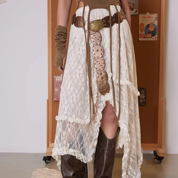 

Irregular Lace Fungus Skirt for Women 2025 Early Autumn New A-line Skirts Y2k Grunge High Waist All-match Faldas Mujer