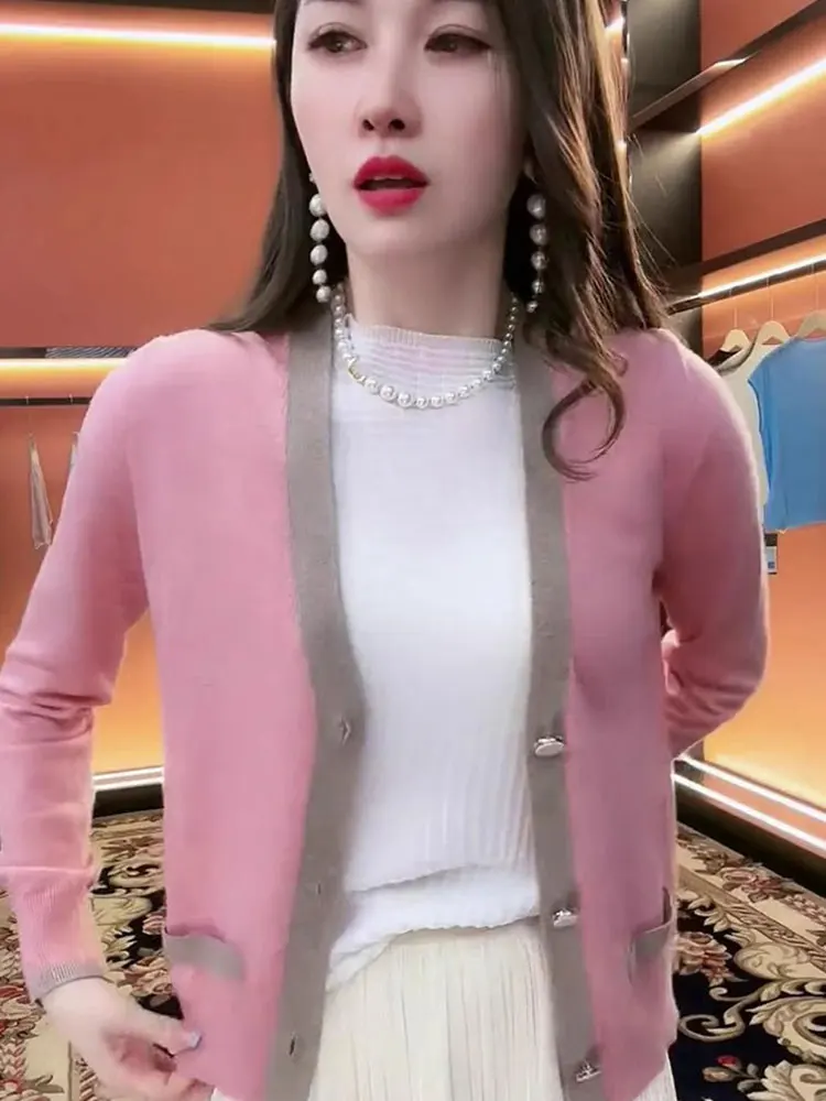 Faionable Color Blo tejido cárdigan abierto Casual suelto adelgazante prendas de vestir exteriores mujer otoño nuevo Sle Top viaje viento Sle