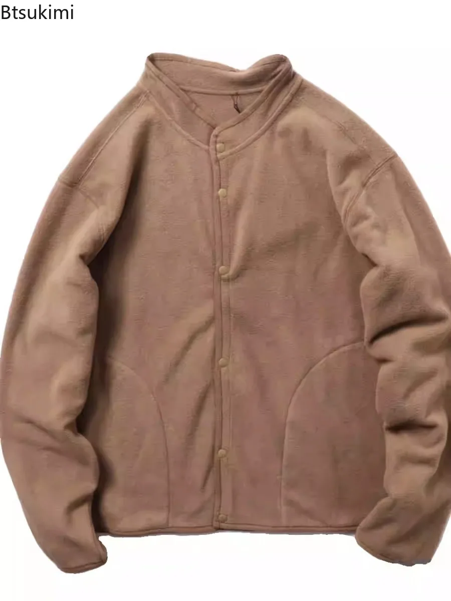 Autumn Winter Men's Double-sided Fleece Jacket Stand Collar Single Breasted Coatst Loose Fashionable Solid Cardigan Sweatshirt