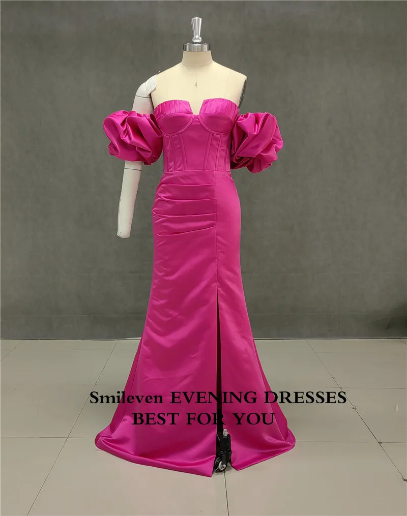 Smileven Hot Pink Sweetheart Neck Evening Dresses Satin Prom Dresses Side Split Arabic Special Occasion Dresses Party Gowns