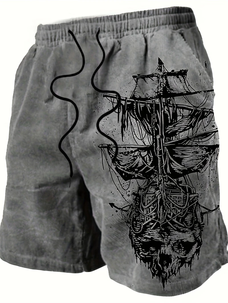 Retro Pirate Ship Graphic Beach Shorts For Men Summer Vintage 3D Printed Short Pants Fashion Streetwear Oversized Board Shorts