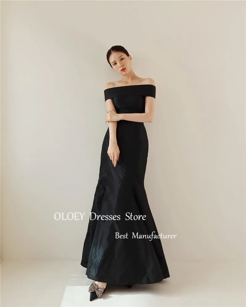 Oloey einfache schwarze Meerjungfrau Abendkleider Korea Fotoshot Hochzeit Bolero Taft formelle Party Kleid Korsett zurück frei Brauch