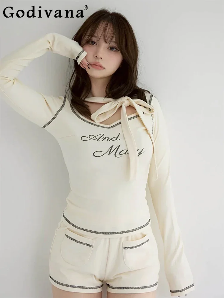 Japanese Girls Sweet Fashion Shorts Set 2025 New Autumn Women's Slim Fit Knitted Long Sleeve Pullover and Shorts 2-Piece Set