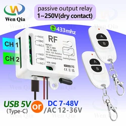 433MHz Wireless Remote Control Switch 2 CH DC 12V 24V 36V 48V Type-C 5V RF Relay Module for Light/Fan/Motor/Garage Door Opener