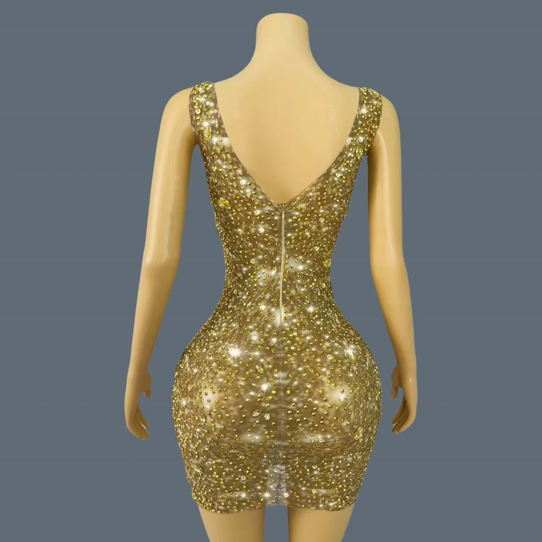 New Golden Shine Rhinestone Luxury Mini Strap Dress for Sexy Lady Club Party Luxury Dinner Sheer Mesh Sheath Dress Jinbihuihuang