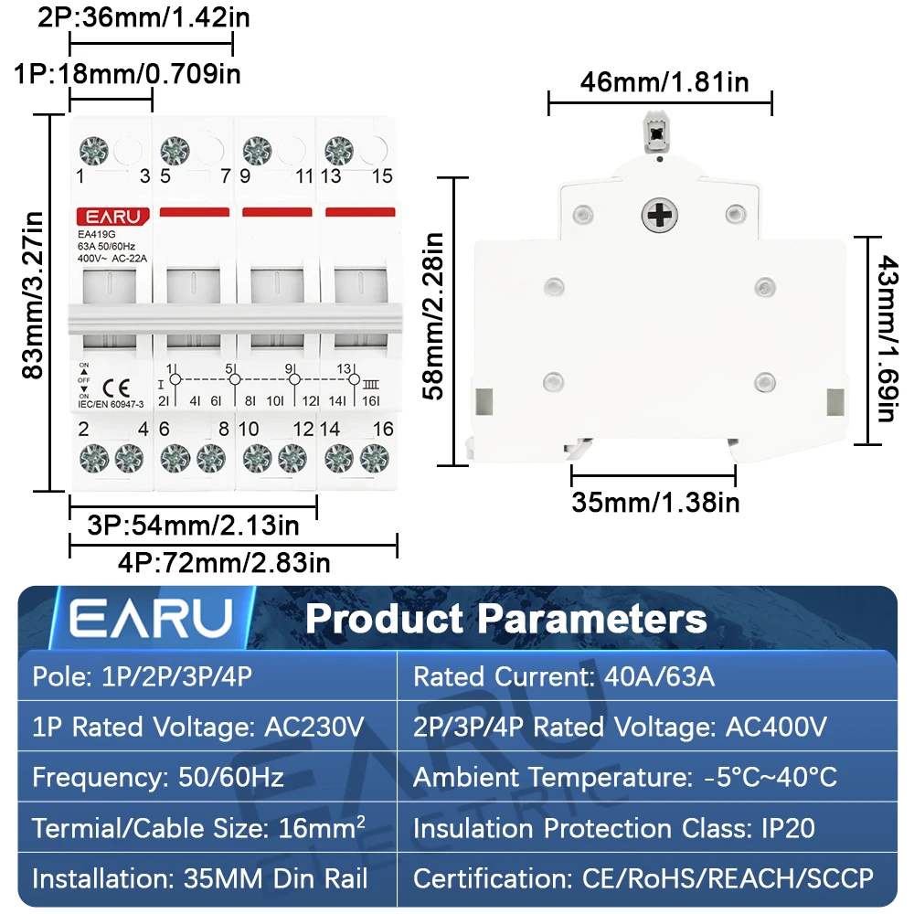 EARU 1P 2P 3P 4P 40A 63A DIN-Schienen-Modular-MTS-Dual-Power-Handumschalter AC-Trennschalter Leitungsschutzschalter – Detail 2