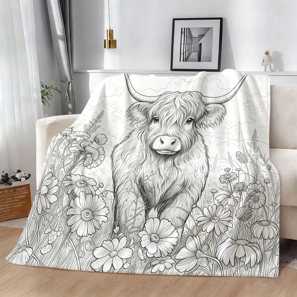 Cute Cow Floral Coloring Book Throw Blanket for Nursery Decor Kids Adult Art Line Drawing Boho Farm Animals