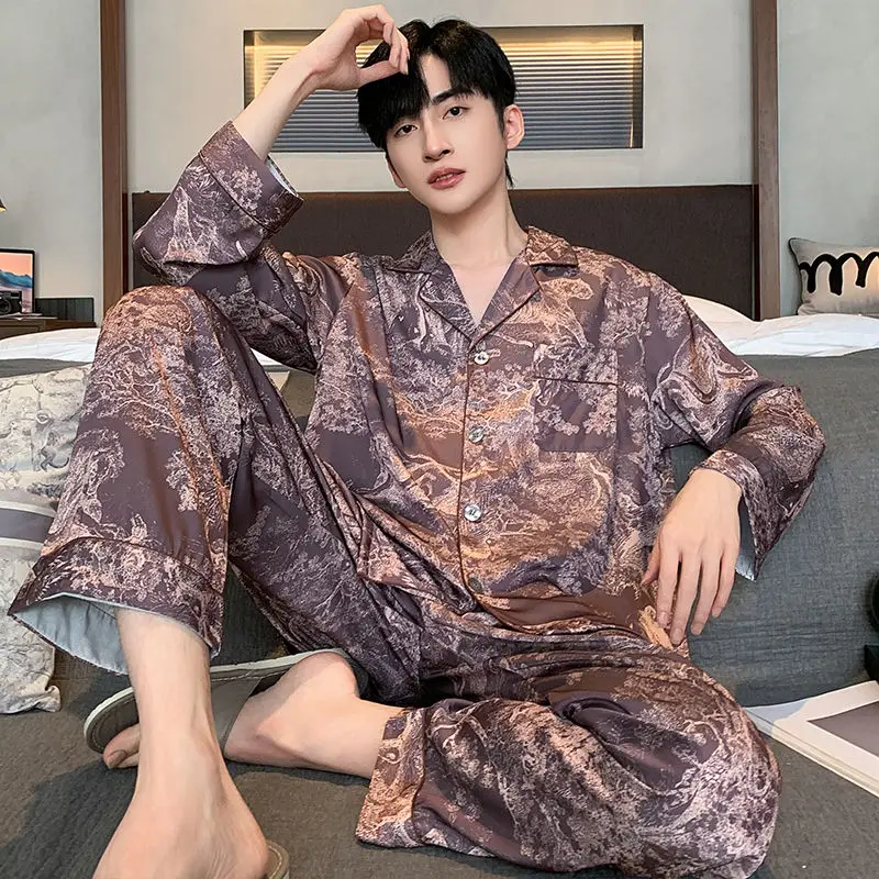 Spring and Autumn Ice Silk Men's Pajamas Spring and Autumn Thin Silk Long-sleeved Ink Youth Home Wear Plus-size Set Comfortable