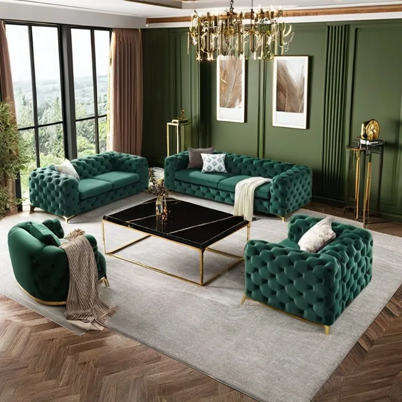 الحديثة 3 مقاعد تشيسترفيلد الذراع المخملية معنقدة الاقسام أريكة الأريكة مجموعة قاعدة من الاستانلس ستيل الجلود غرفة المعيشة أثاث الفندق
