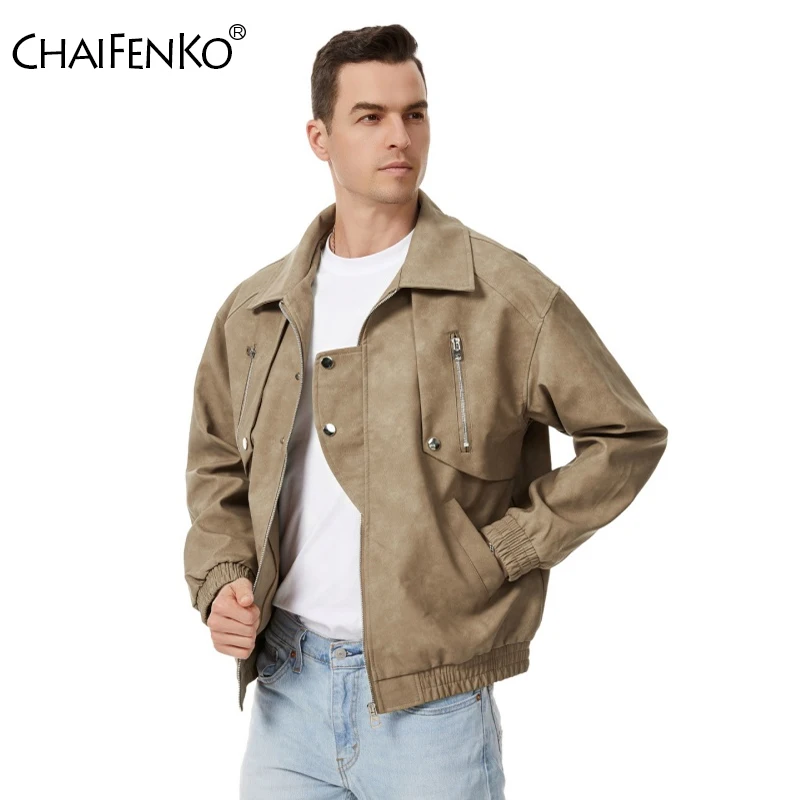 

Men Retro Comfort Solid Tops Spring Autumn Casual Windproof Leather Jacket New Loose Fashion Lapel Versatile Windproof Coat Men