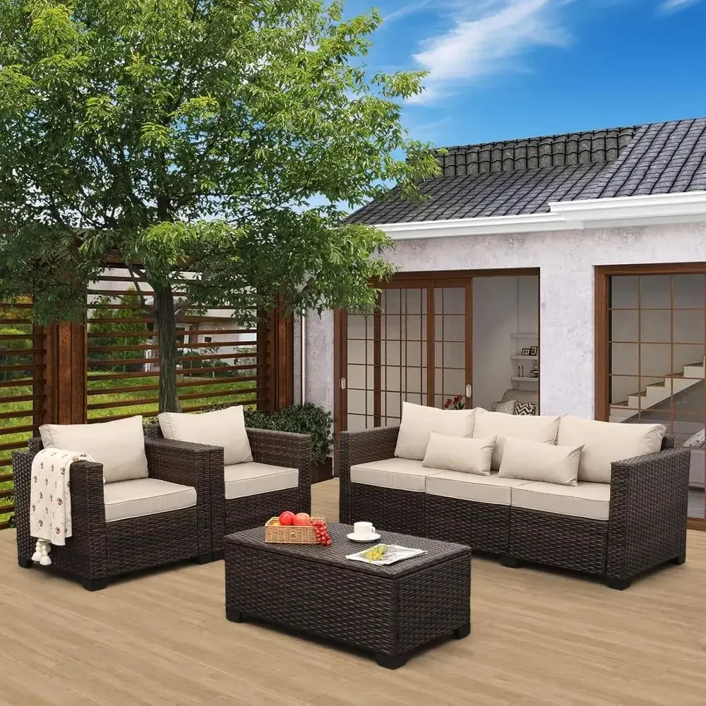4-Piece Wicker Patio Furniture Set with Chairs, Sofa, Storage Table, Cushions, and Waterproof Covers, Khaki
