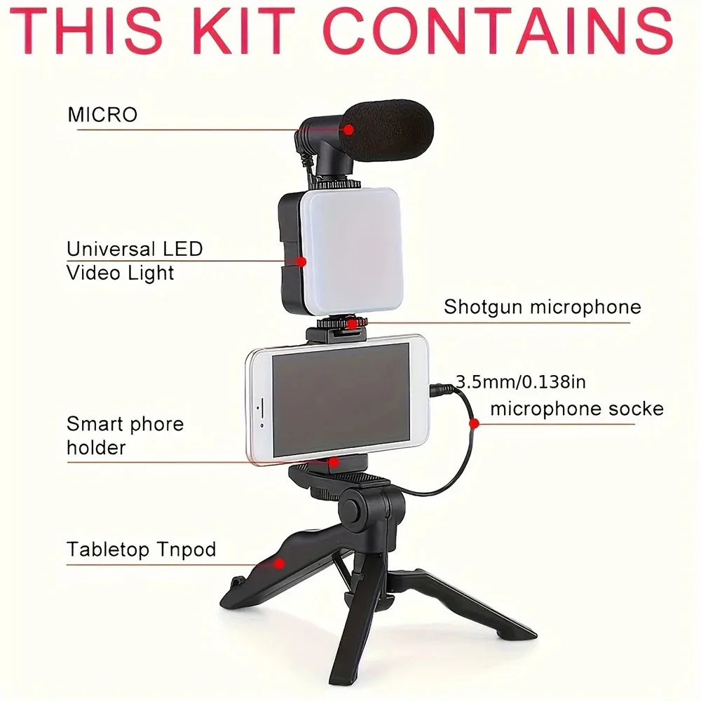 STTKGZD Smartphone Vlogging Kit With Tripod Phone Holder Mini Microphone Fill Light Starter Handle Portable Stabilizer Bracket image 5
