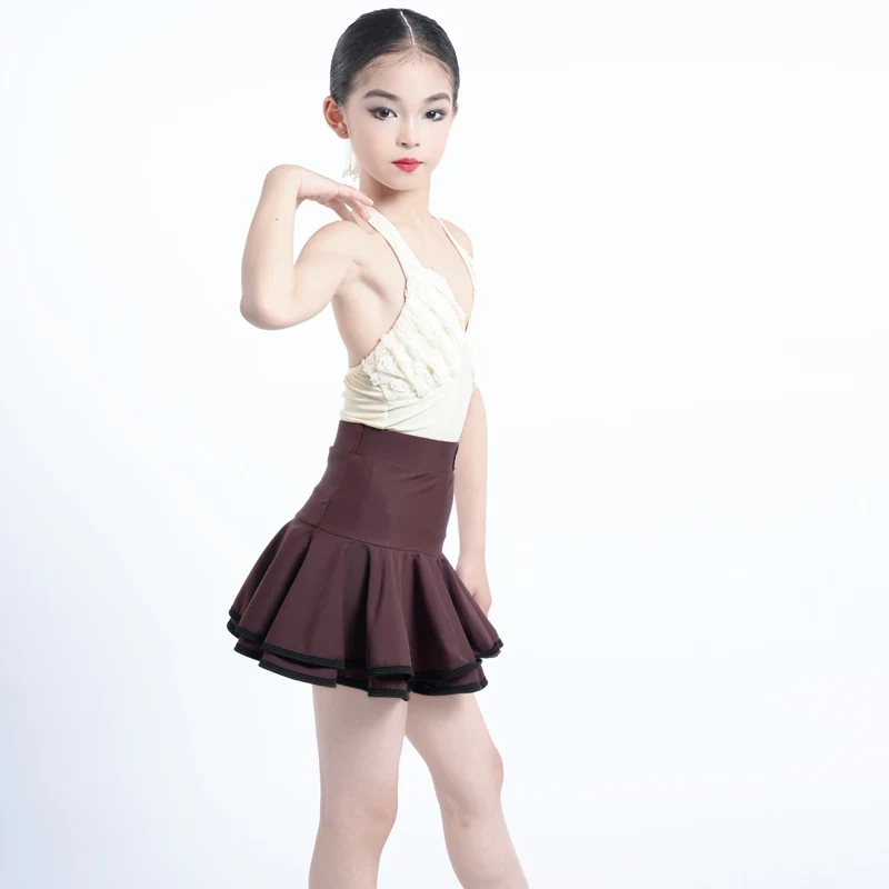 Latin Dance Mädchen Kleid Sommer Neckholder Top Braun Rüschen Rock Kinder Cha Cha Rumba Praxis Kleidung Tanzen Training Dancewear 1914