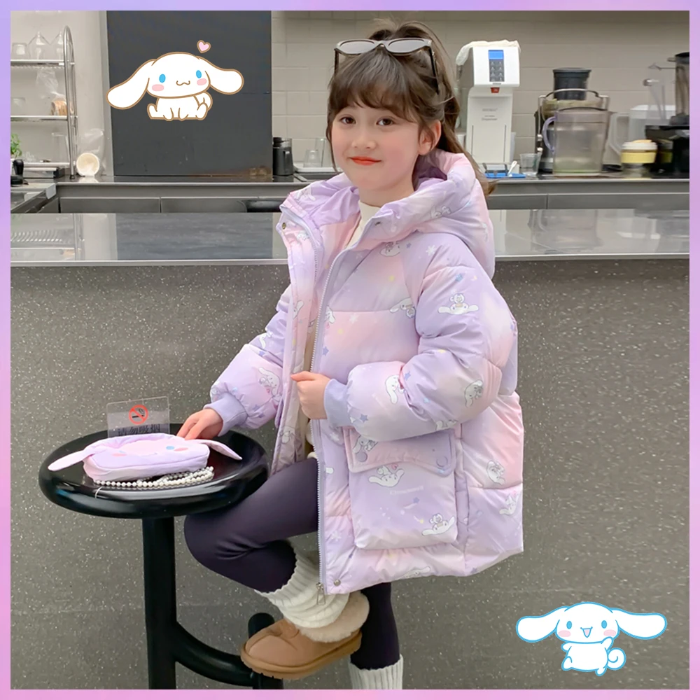 Kawaii Cinnamoroll Kuromi Girls Down Clothes Anime Sanrios Winter Cartoon Fashion Kids Thicken Hooded Warm Cotton Padded Jacket