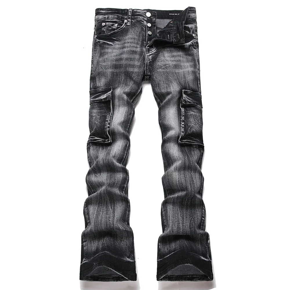 Men Multi Pockets Cargo Flared Jeans Streetwear Stretch Spandex Cotton Slim Boot Cut Pants Casual Button Fly Grey Black Trousers