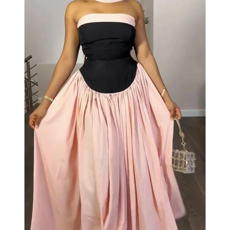 

Women Fashion Halter Neck Pleated Big Swing High Waist Maxi Long Dress 2025 Summer Party Night Club Vestidos Dresses