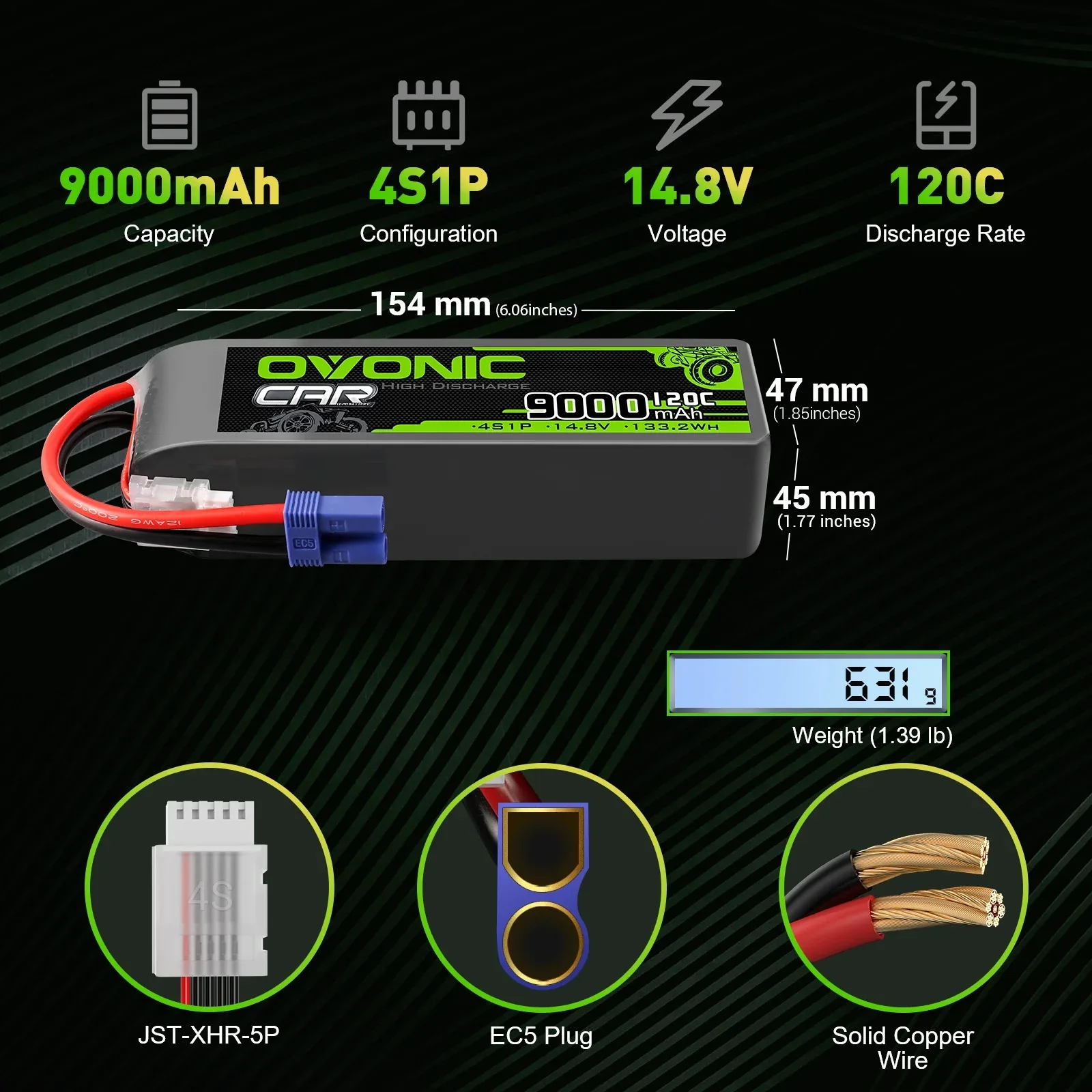 OVONIC 4S Lipo Battery 9000mAh 120C 14.8V RC Lipo Battery with EC5 Plug for RC Vehicles Cars RC Truck Tanks 2 Pack