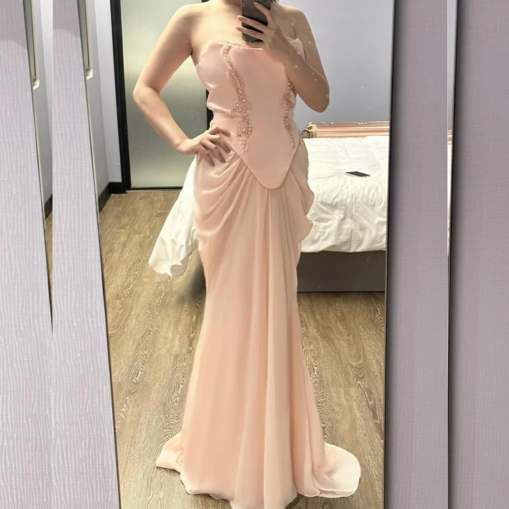Customized Fashion Sparkle Chiffon Sequined Pleat Trumpet Strapless Long Dresses Bespoke Occasion Simple