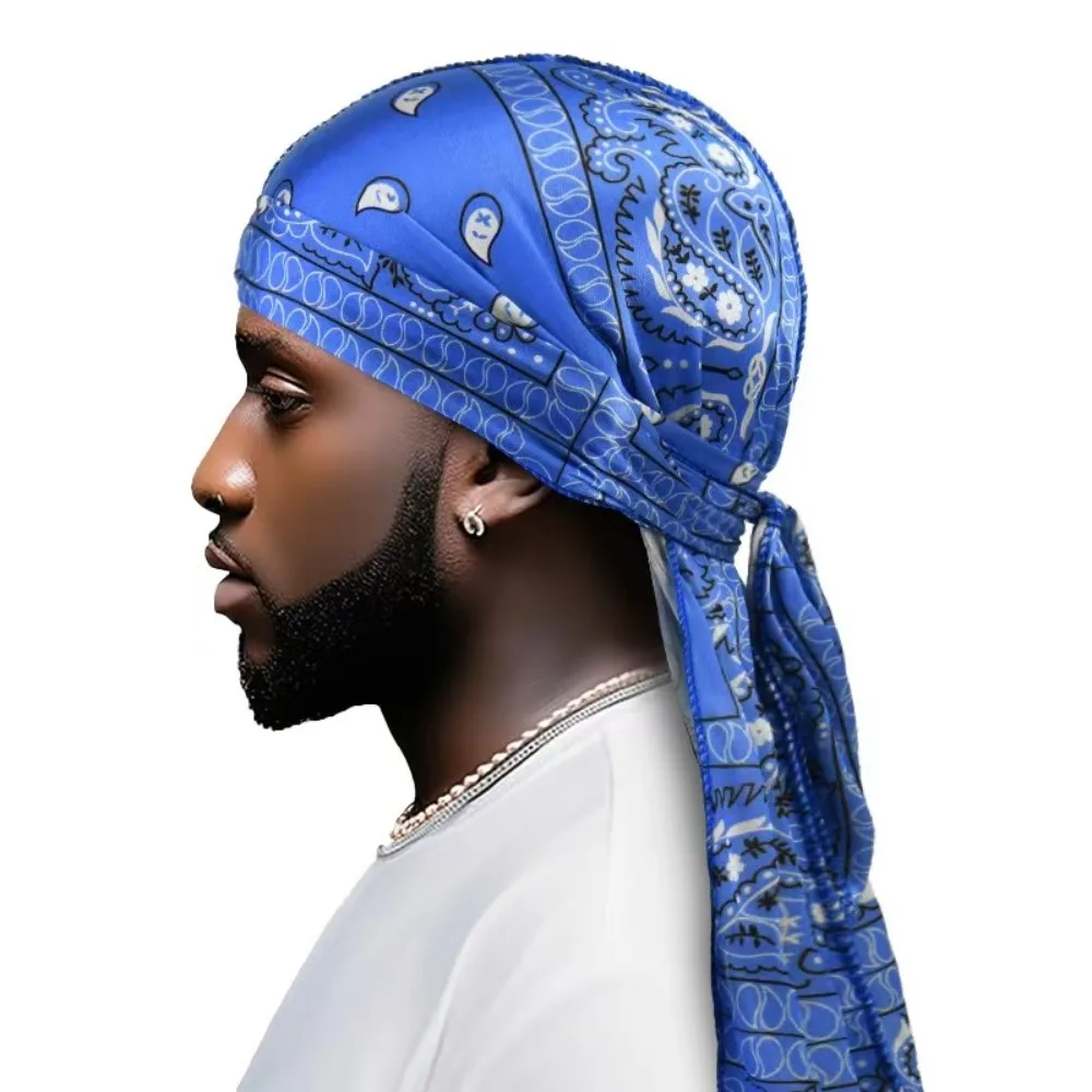 Fashion Amoeba Print Men's Headscarf Imitation Silk Lightweight Long Tail Pirate Cap Wave Print Breathable Hip Hop Hat Outdoor
