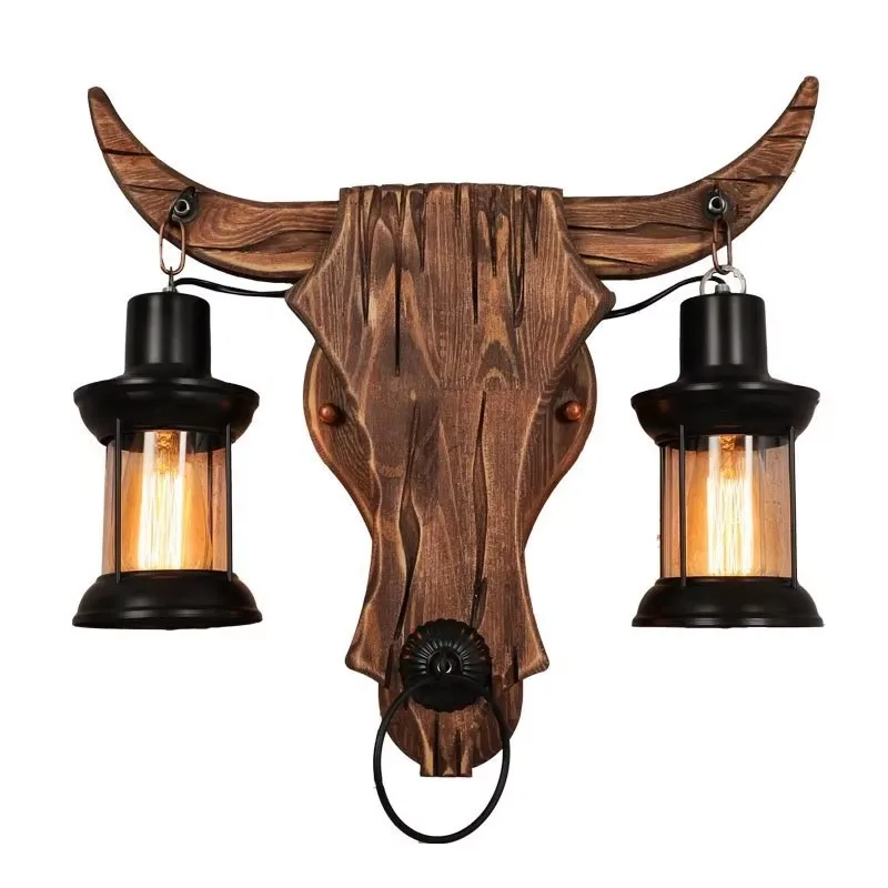 

American Industrial Design Retro Iron Wood Lamp Glass Wall Lamp Creative Cafe Restaurant Bar Bedside Wall Light Sconce Bra