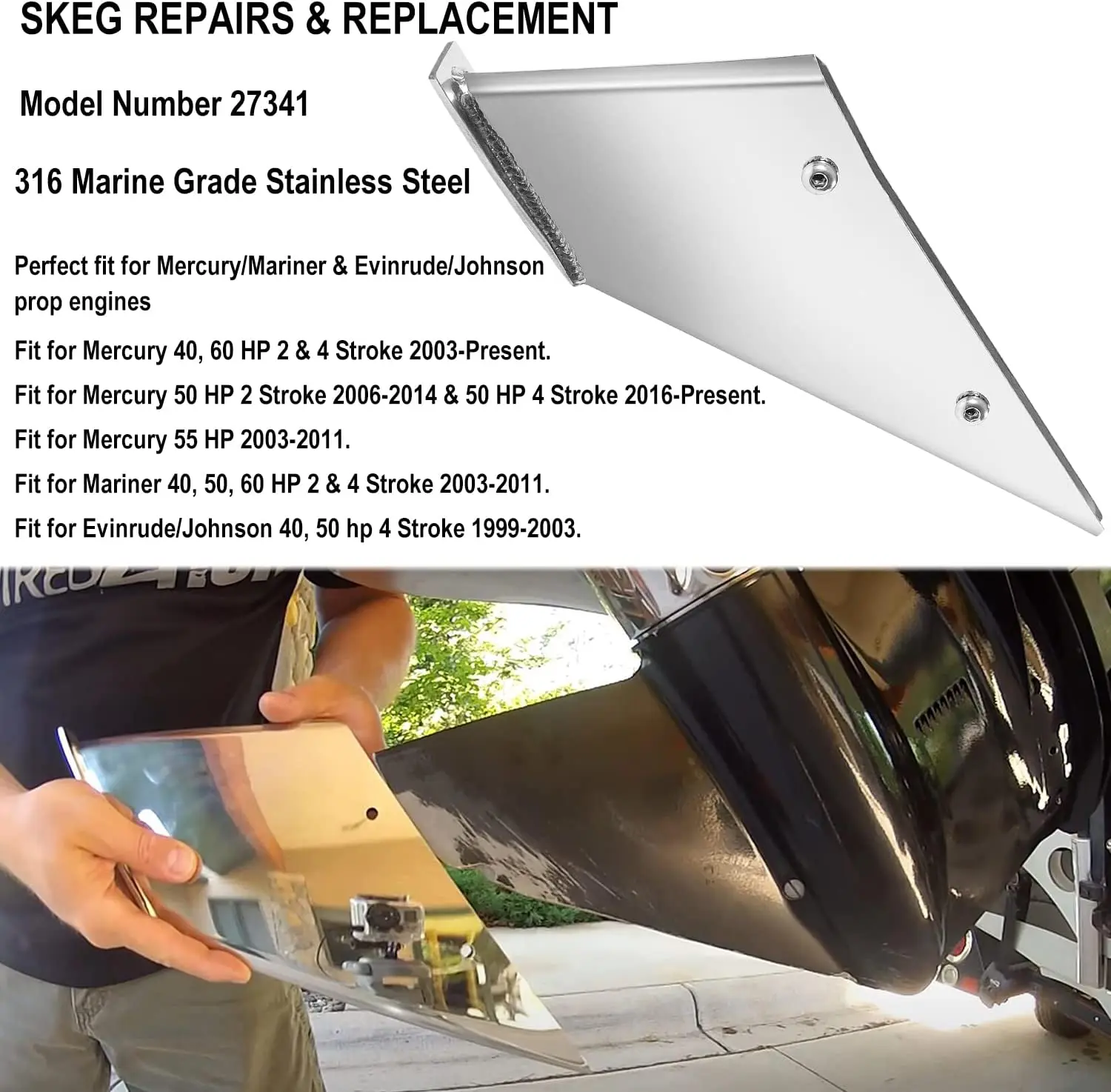 MX 27341 Skeg Guard Safe-Skeg Protector Kit di riparazione adatto per Mercury & Mariner dal 2003 in poi per Johnson Evinrude dal 1999 al 2003