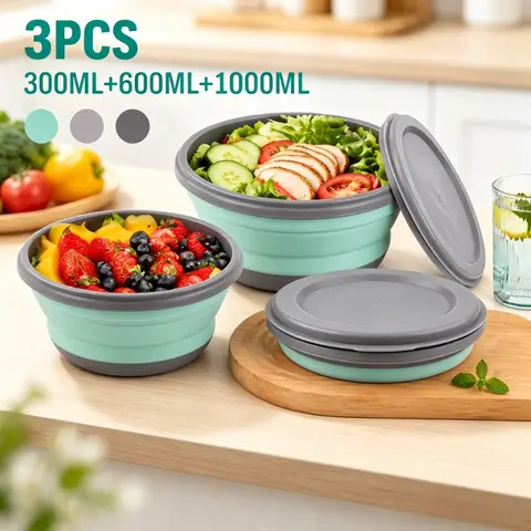 3pcs/set Silicone Folding Lunch Box With Lid Portable Picnic Camping Bowl Set Kitchen Tableware Kit Foldable Fruit Salad Bowl
