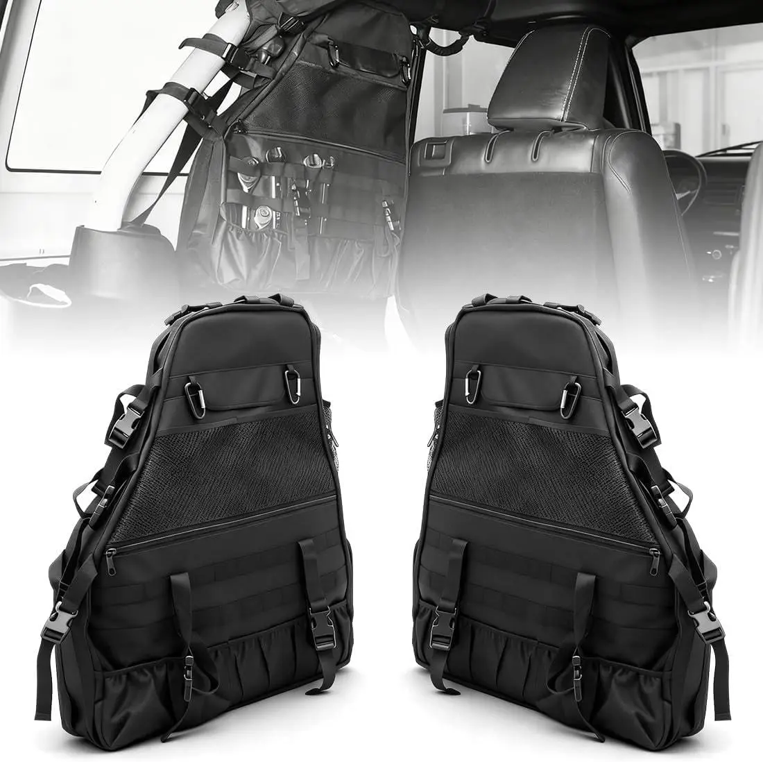 For Jeep Wrangler JK JKU JL TJ 4-Door Saddle Bag Organizers Tool Storage Bag Roll Bar Storage Bag Cargo Cage with Multi-Pockets