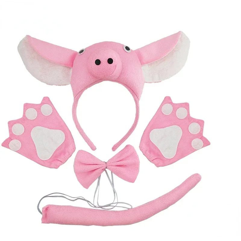 Pig Costume Set Ears Headband Nose Bow Tie Tail Fancy Animal Cosplay for Halloween Christmas Cosplay Dress Up Party