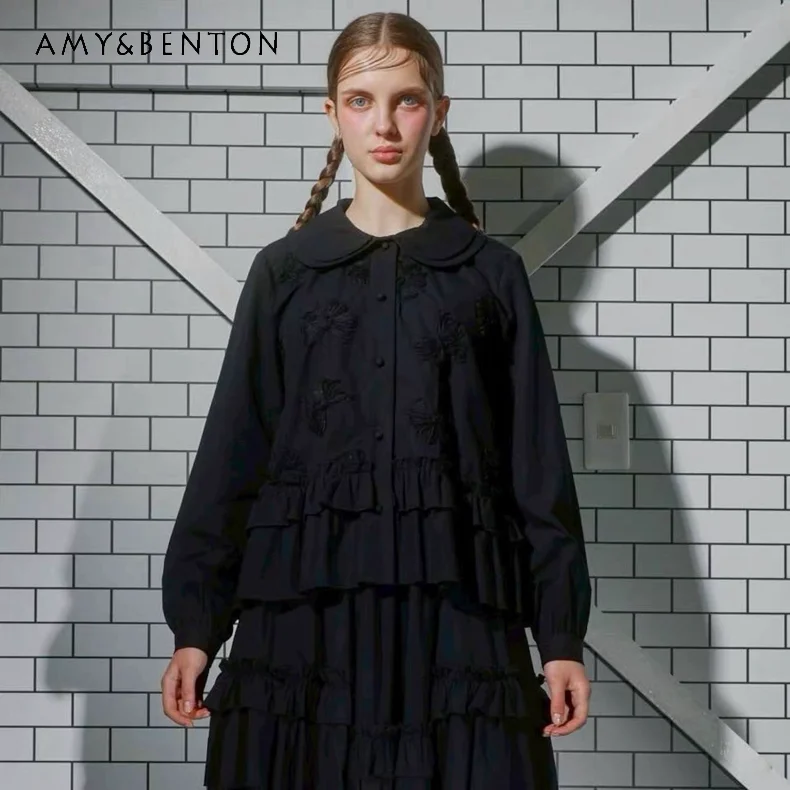 เสื้อเชิ้ตแขนยาวจีบระบายปักลายโบว์คอสองชั้นสไตล์ญี่ปุ่นดั้งเดิม ให้ลุคหวานแบบเจ้าหญิง