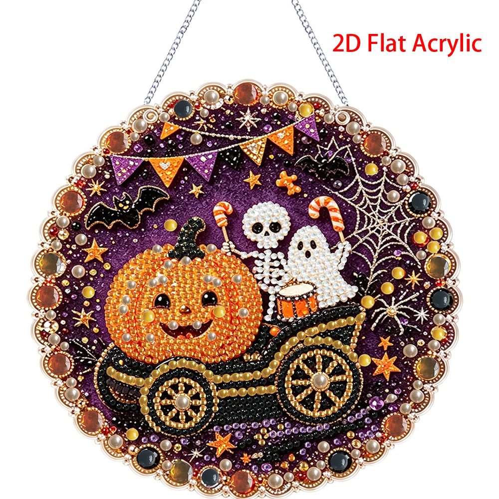 2D flat diamond painting kit Halloween pattern acrylic pendant, 3D mixed size pearl crafts, holiday window and wall decorations,