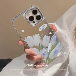Electroplated Mirror Blue Tulip Phone Case for iPhone17 16 15 14 12 13 11 Pro ProMax Plus X XR Xsmax Shockproof Phone Cover