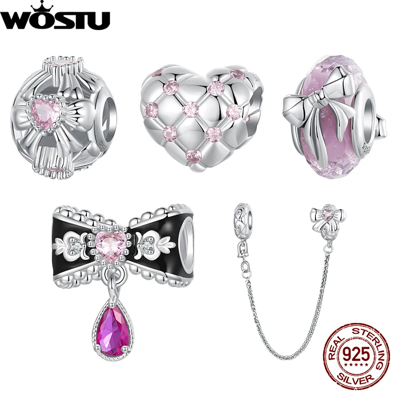 WOSTU 925 Sterling Silver Pink Bowknot Charms Murano Glass Bead Original for Love Girls Fit Bracelet & Necklace DIY Jewelry Gift